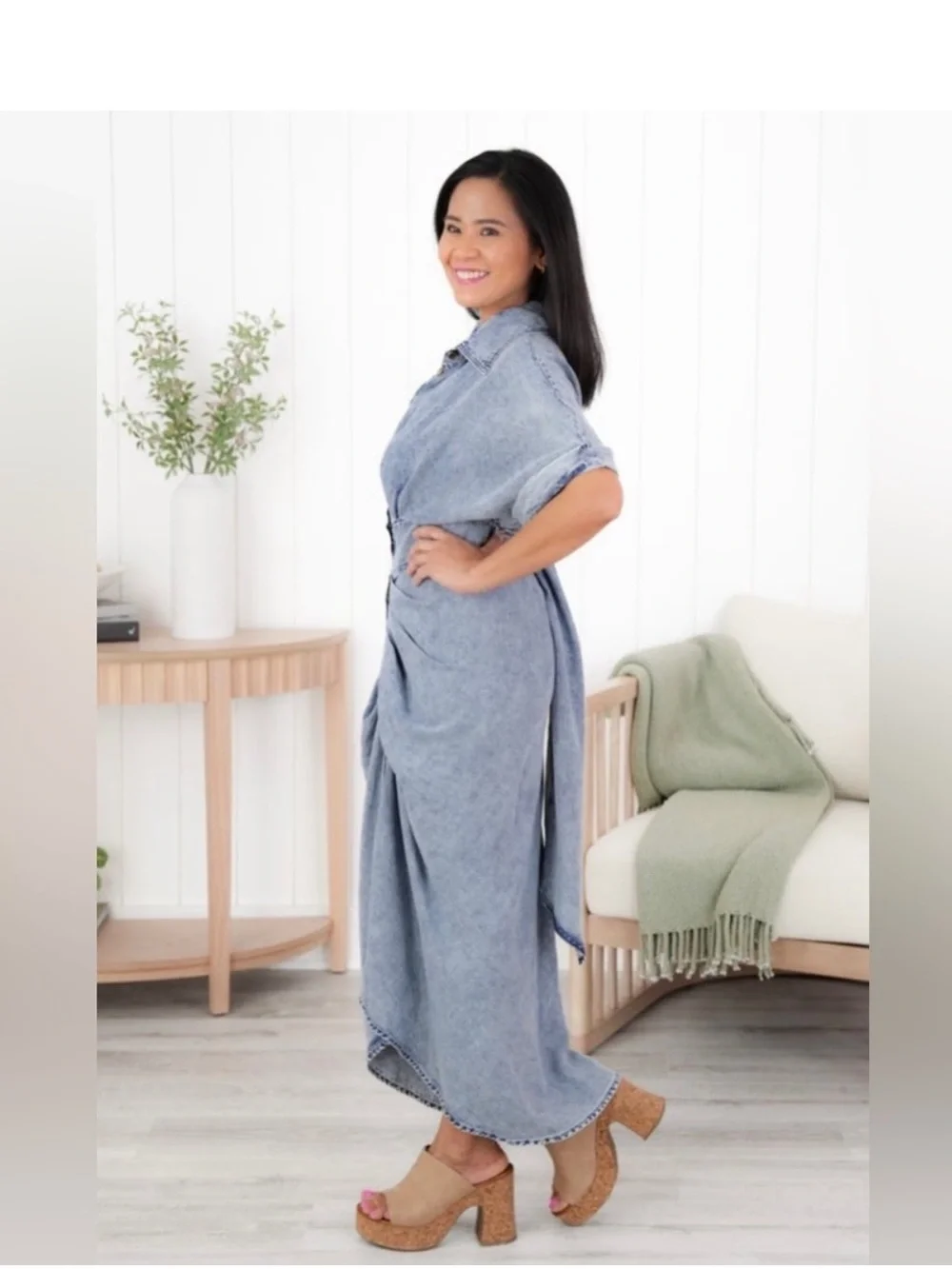 Oli & Hali Washed Button Down Denim Midi Dress with Tie Waist